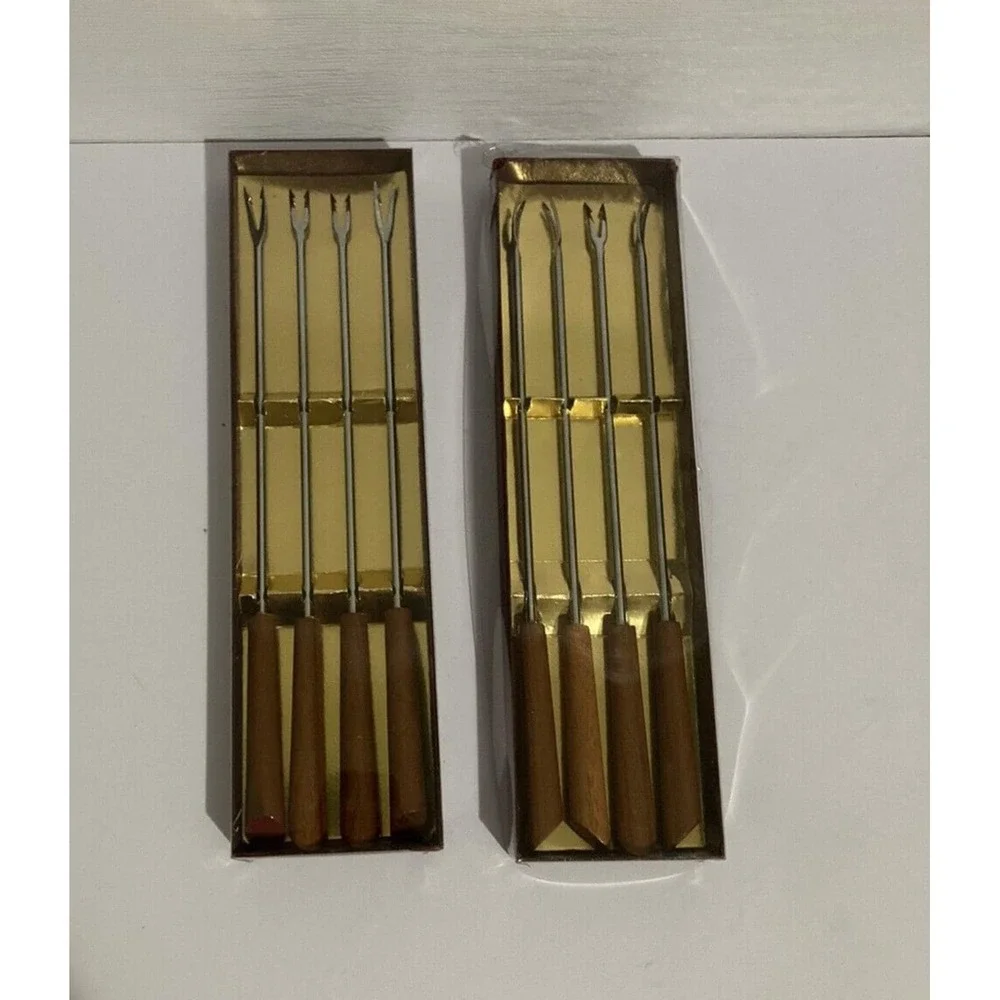 NOS Fondue Forks Teak Wood Handles Stainless Steel 2 Sets Vintage‎ MCM